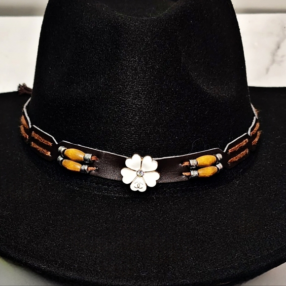 Black Cowboy Hat w/Removable Hat Band Adorned w/Designer Button - Picture 3 of 9